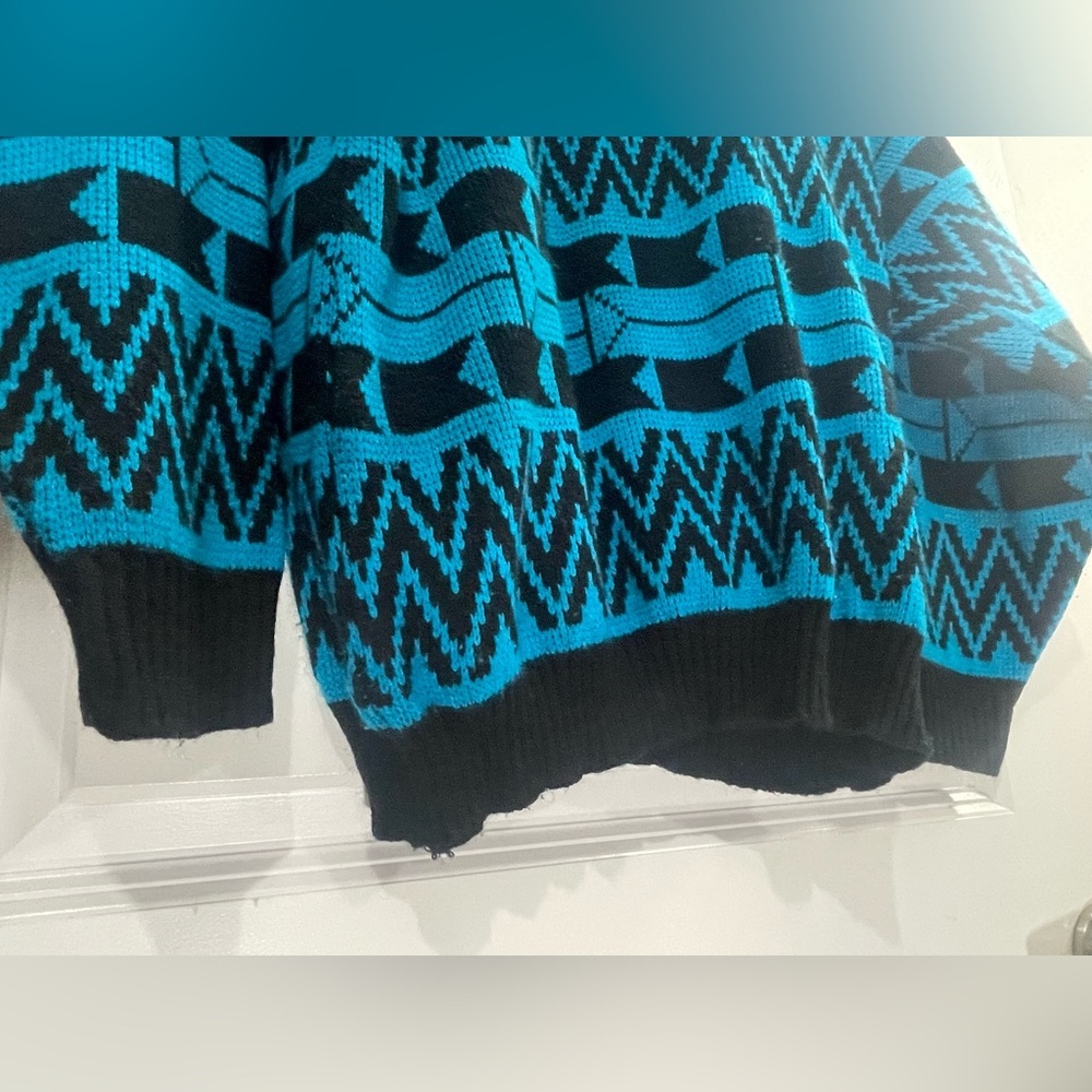 Vintage Geometric Retro Blue and Black Mens Crewneck Pullover Sweater Sz Large - Picture 5 of 10